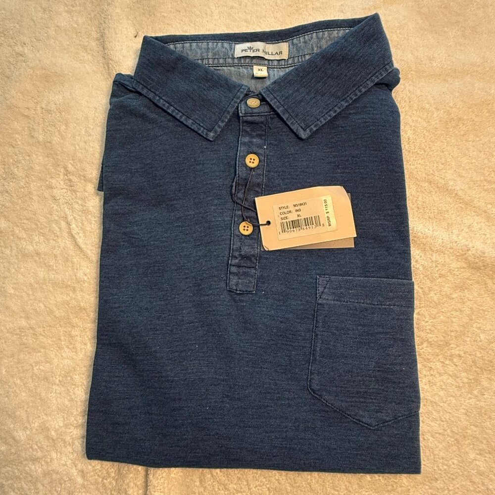 Peter  Millar Blue Denim Style Polo Shirt with Chest Pocket XL New with Tags